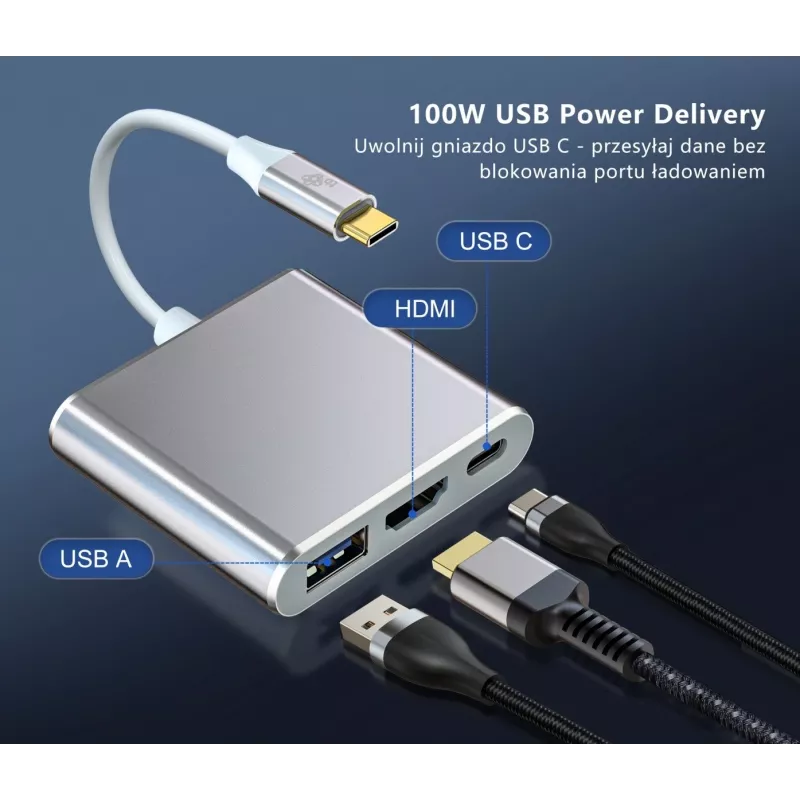 USB-C-Adapter-Hub TB AKTBXVAU3HMPDAV — 3-in-1: HDMI + USB-A + USB-C PD, strieborná