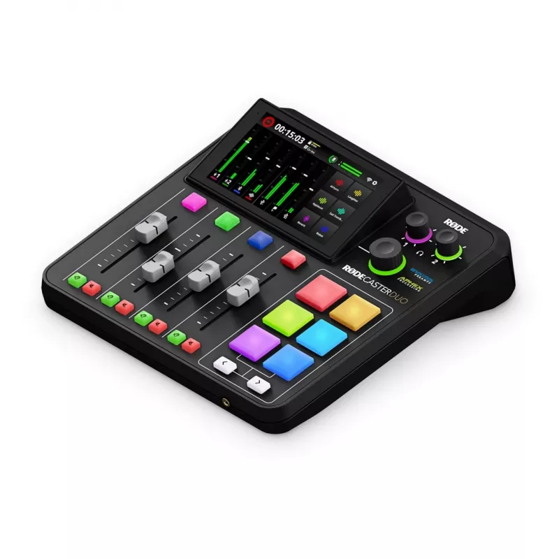 Štúdiový kontrolér RØDE Caster Duo čierny — 2 Combo XLR/TRS, 2 TRS Line výstupy, 48 kHz, 24-Bit, dotykový displej, Wi‑Fi, Bluetooth