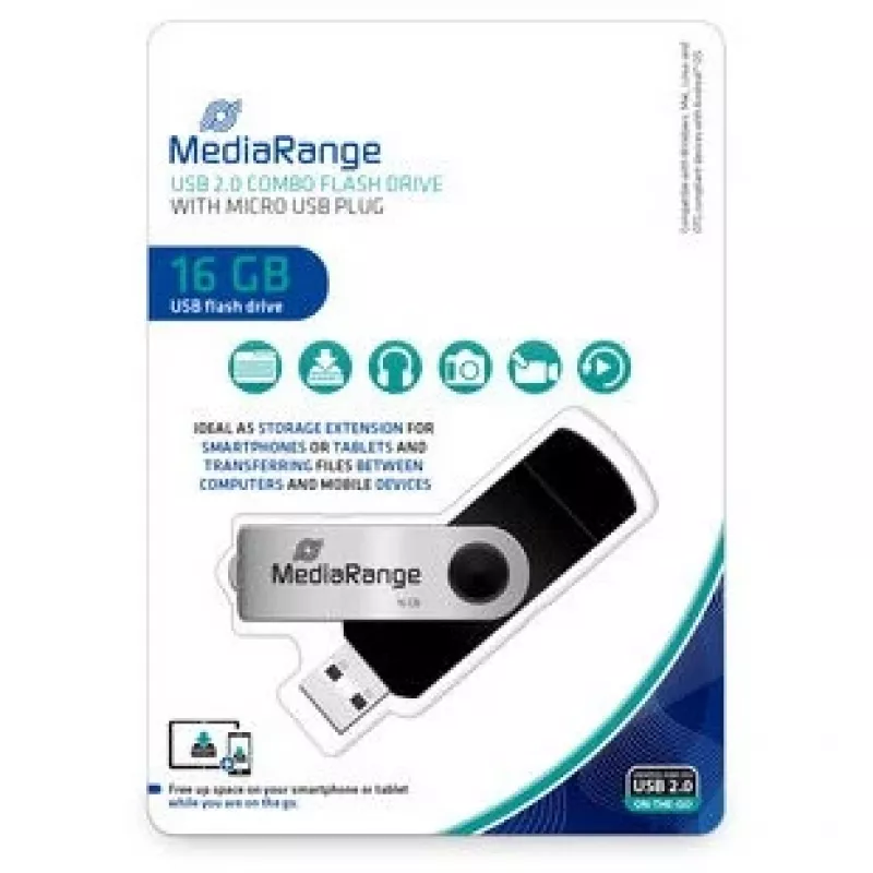 MEDIARANGE MR931-2 - 16 GB - USB Type-A / Micro-USB - 2.0 - 15 MB/s - otočný krúžok - strieborná - čierna