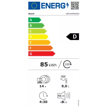 Bosch umývačka riadu | SMU4HMW02S | vstavaná | šírka 60 cm | počet súprav riadu 14 | počet programov 6 | energetická trieda D | displej | funkcia AquaStop | biela
