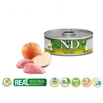 Mokré krmivo pre mačky Farmina N&D Prime Boar & Apple vrecko 70 g — dospelé mačky, 13% proteín, 75% vlhkosť, bezlepkové