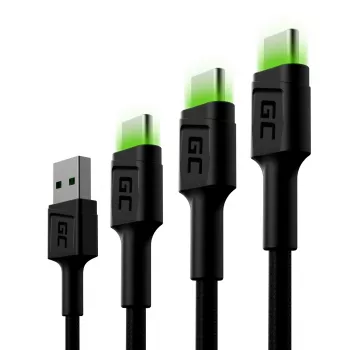 USB-C kábel sada Green Cell GC Ray — USB A na USB C 3 dĺžky (30 cm, 120 cm, 200 cm), USB PD, 480 Mbit/s, 2,4 A, čierna