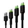 Green Cell GC Ray KABGCSET01 sada káblov USB-A na USB-C, 3 ks (30 cm, 120 cm, 200 cm), zelená LED, rýchle nabíjanie QC 3.0, čierna