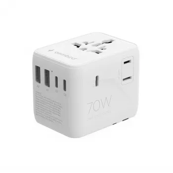 Gembird TPA-2A3C70-01-W univerzálny cestovný napájací adaptér, 3x USB-C, 2x USB-A, 70 W, GaN, biely