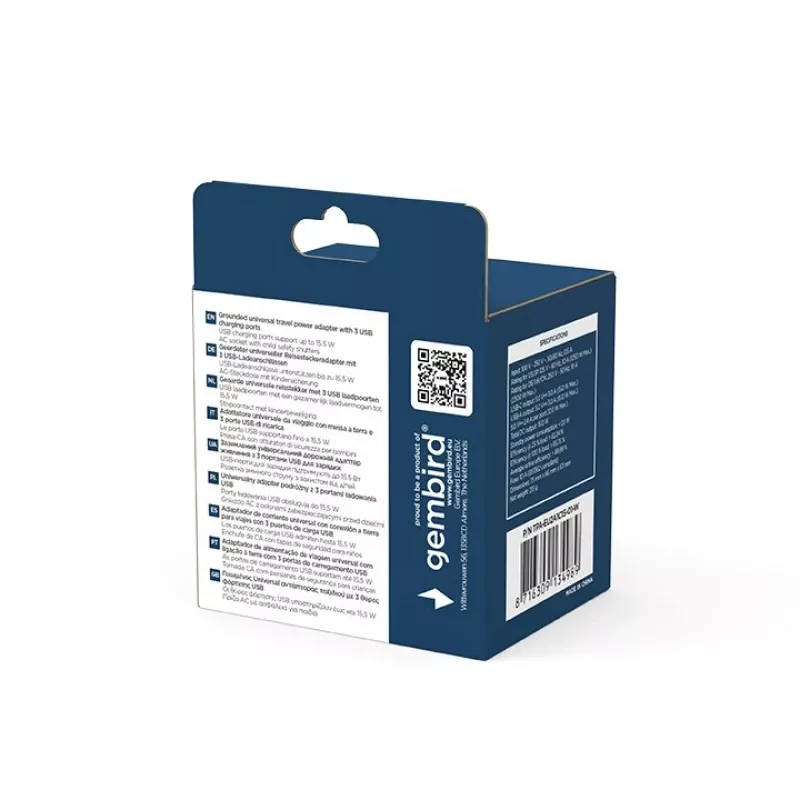 Cestovný adaptér GEMBIRD TPA-EU2A1C15-01-W – 15W, konektor Type-E, 2× USB-A + 1× USB-C, 100–250V
