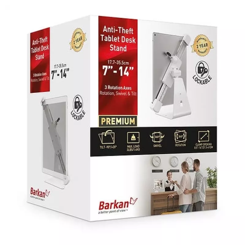 Barkan T71HL stolový stojan na tablet so zámkom 7–14 palcov, otočný o 360°, biely