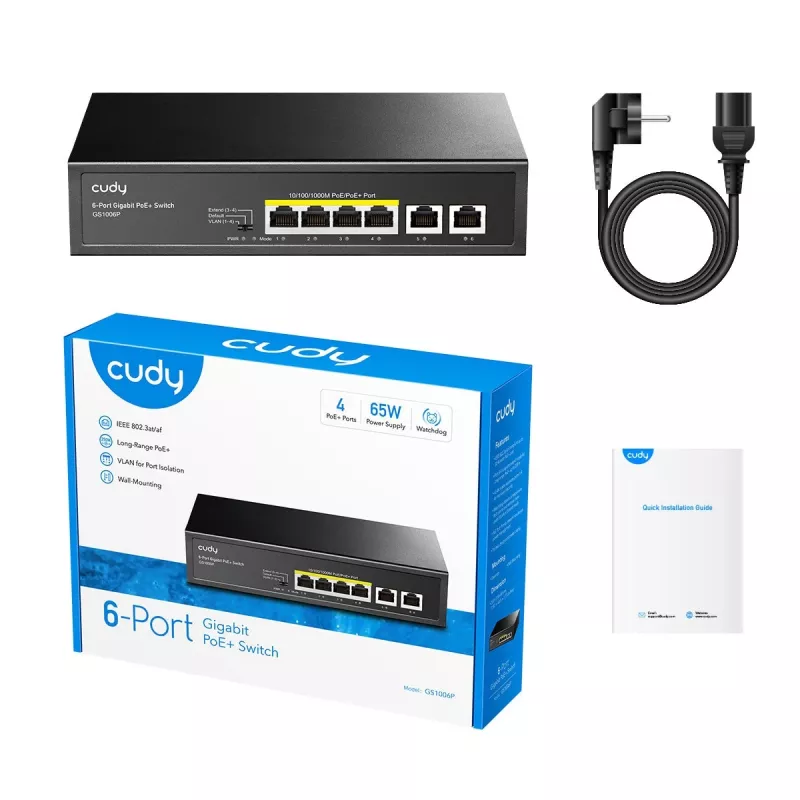 Sieťový switch Cudy GS1006P neřízený Gigabit Ethernet 6-port PoE, 12 Gbit/s, 2048 MAC, čierny