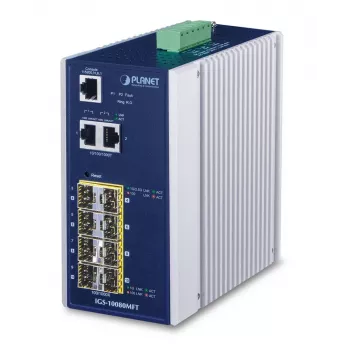 Upravovaný sieťový switch PLANET IGS-10080MFT — 2 x Gigabit RJ-45, 8 x SFP, 12–48V DC, upravovaný, IP30