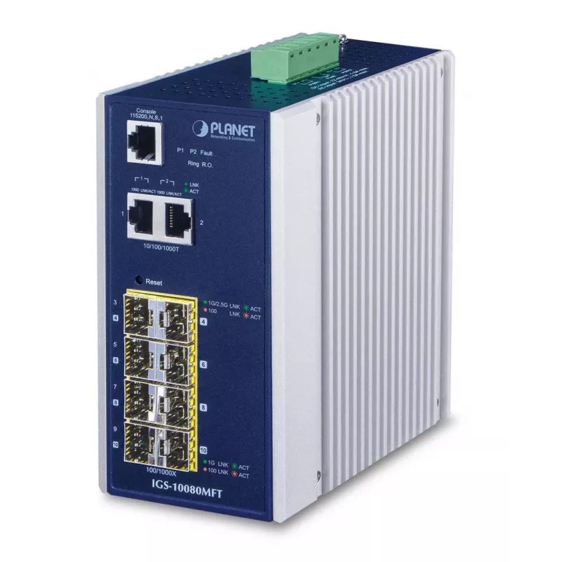 Upravovaný sieťový switch PLANET IGS-10080MFT — 2 x Gigabit RJ-45, 8 x SFP, 12–48V DC, upravovaný, IP30