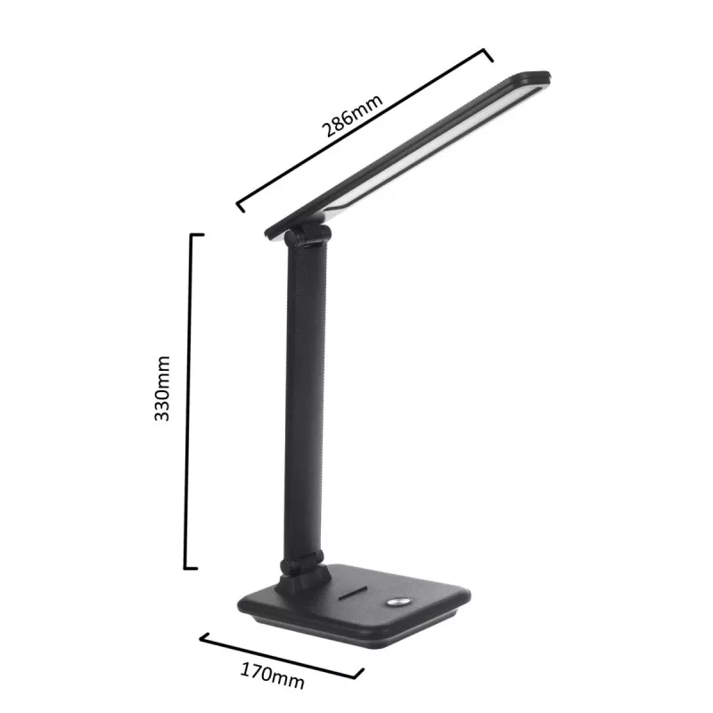 LED stolová lampa MACLEAN MCE614B — stmievateľná, sklopné nastaviteľné rameno, 9W, 3000K/4500K/6500K, čierna