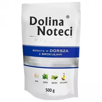 Mokré krmivo pre psy dolina noteci Premium bohaté na tresku s brokolicou 500 g – kompletné krmivo pre dospelé psy