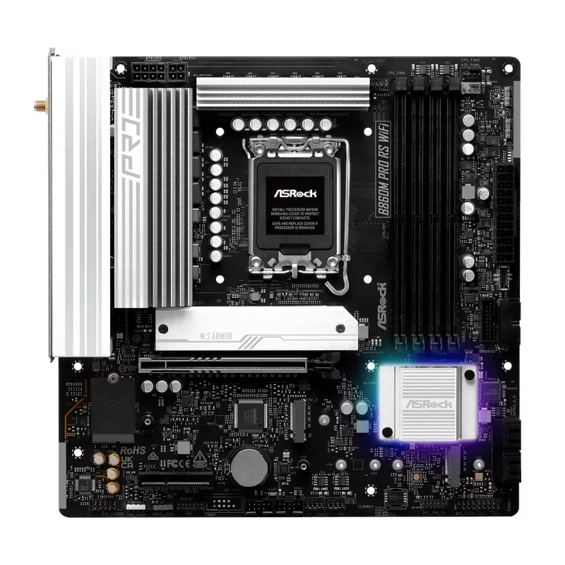 Základná doska ASRock B860M Pro RS WiFi — Intel B860, LGA 1851, micro ATX, DDR5, 4 DIMM, 3x M.2, 2.5Gb LAN, Wi‑Fi, Bluetooth
