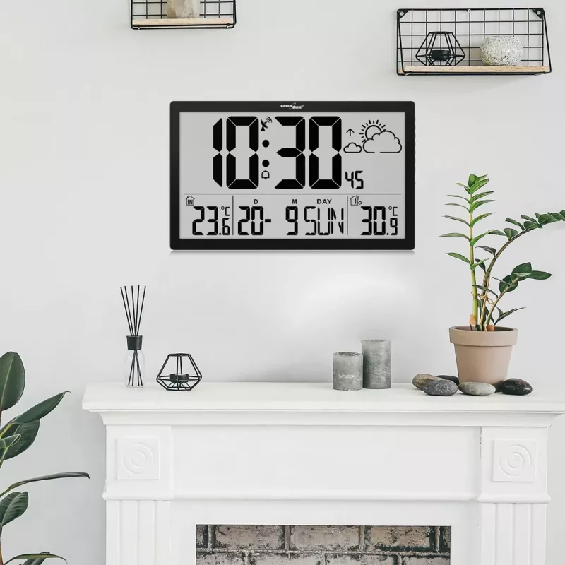 Nástenné hodiny GreenBlue GB218 — extra veľký LCD, meteorologická stanica, vnútorné/vonkajšie teploty, zobrazenie dátumu