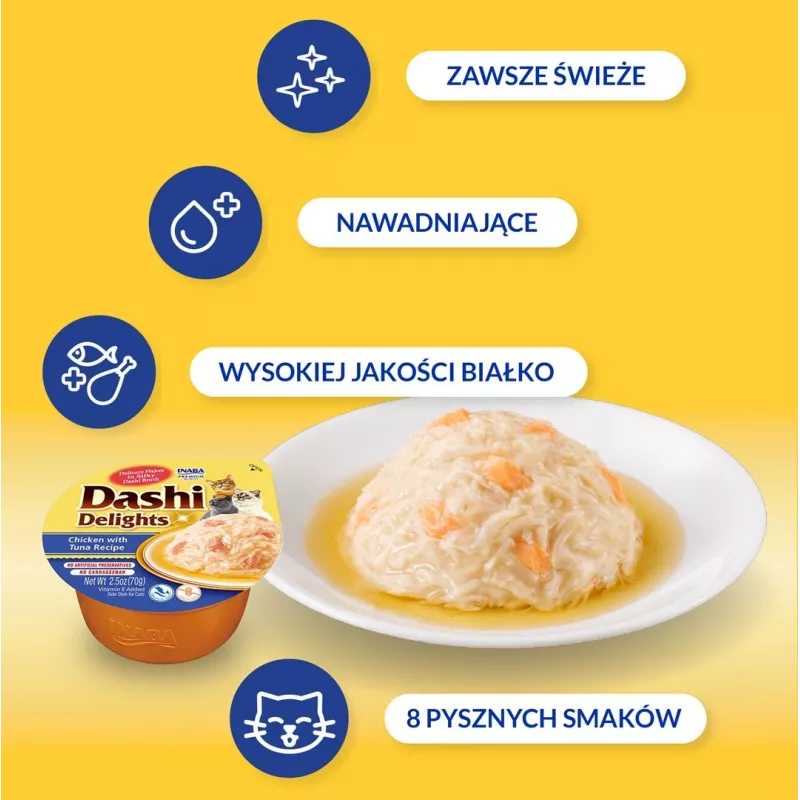 Mačacie maškrty INABA Dashi Delights kura a tuniak vývar, 70 g vrecko, bez obilnín, bez lepku, bez sóje