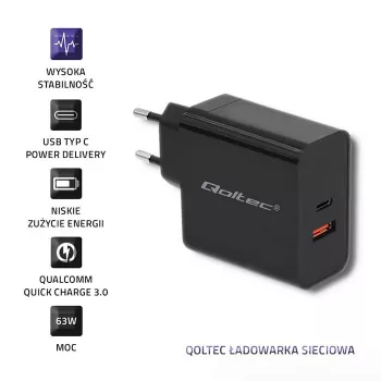 Napájací zdroj QOLTEC 51716 — AC 220–240V na 20V 3A (63W), čierny, univerzálna interiérová nabíjačka