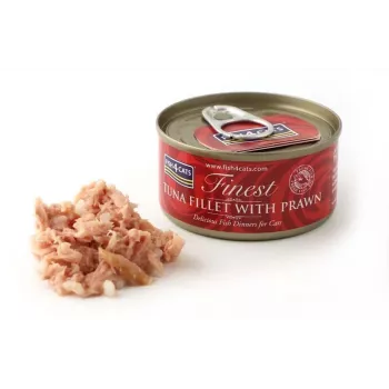 Mokré krmivo pre mačky FISH4DOGS tuniakové filé s krevety 70 g – mokré krmivo v konzerve, 83 % vlhkosť, 14 % proteín, bez lepku a sóje