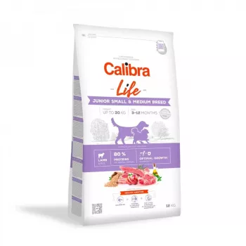 Suché krmivo pre psov Calibra Life Junior Small & Medium breed Lamb 12 kg — kompletné krmivo pre rastúce psy, 28 % bielkovín, 18 % tuku, pre šteniatka s 10–15,9 kg