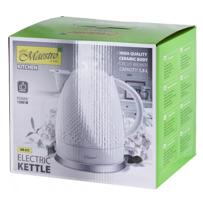 Elektrická kanvica Maestro MR-073 1,5 l 1500 W biela, páčkové ovládanie, ukazovateľ hladiny vody