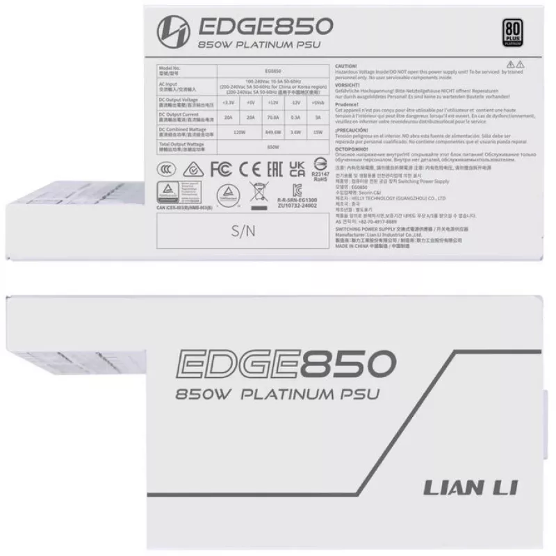 Zdroj Lian Li EDGE EG0850 850 W, 80 PLUS Platinum, ATX 3.1, PCIe 5.1, biely
