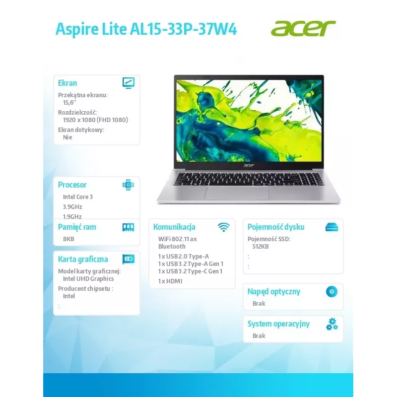 Notebook Acer Aspire Lite Core i3 N355, 39,6 cm (15,6 palca) displej, 8 GB RAM, 512 GB SSD, bez operačného systému