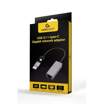 USB 3.1 Type-C gigabitový sieťový adaptér Gembird A-USB3AC-LAN-01 — 1× RJ-45, 1000 Mbit/s, USB 3.2 Gen 1, kovové puzdro, sivá