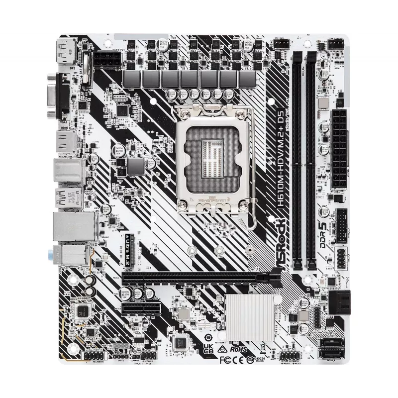 ASRock H610M-HDV/M.2+ D5 základná doska, Intel H610, LGA 1700, Micro-ATX, 2x DDR5 DIMM (max. 96 GB), PCIe 4.0 x16, 1x M.2, 4x SATA III, HDMI, DisplayPort, VGA, USB-C 3.2 Gen 1, Gigabit LAN