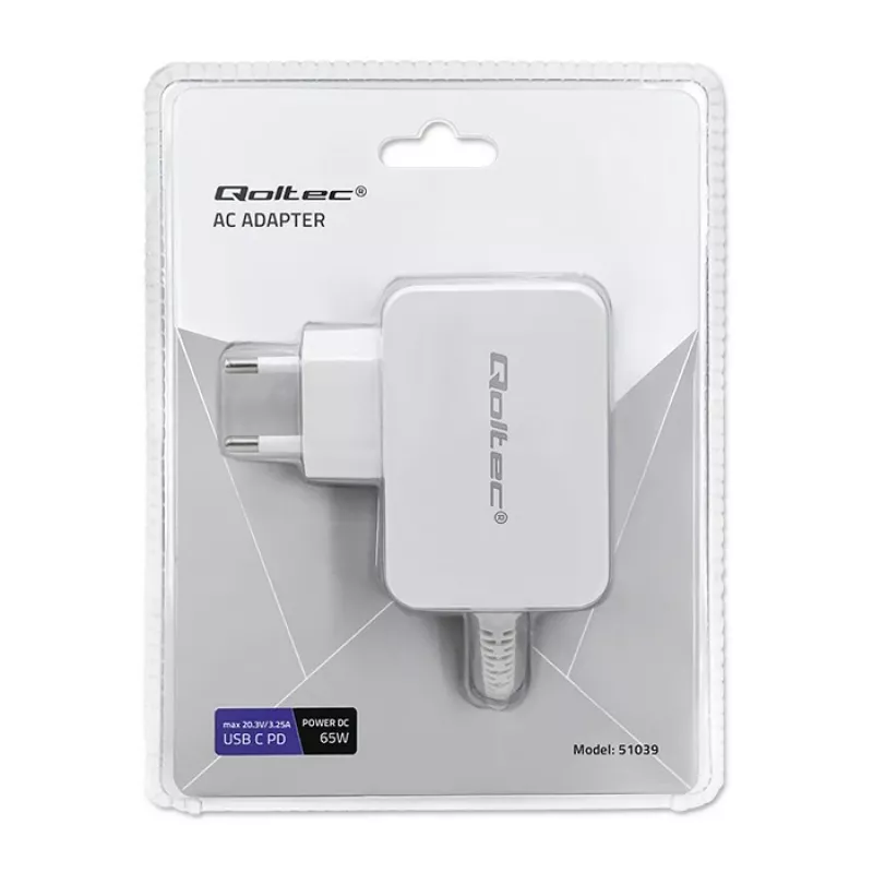 Qoltec 51039 napájací adaptér 65 W USB-C PD, 5–20,3 V, 2–3,25 A, vstavaný kábel USB-C, biely
