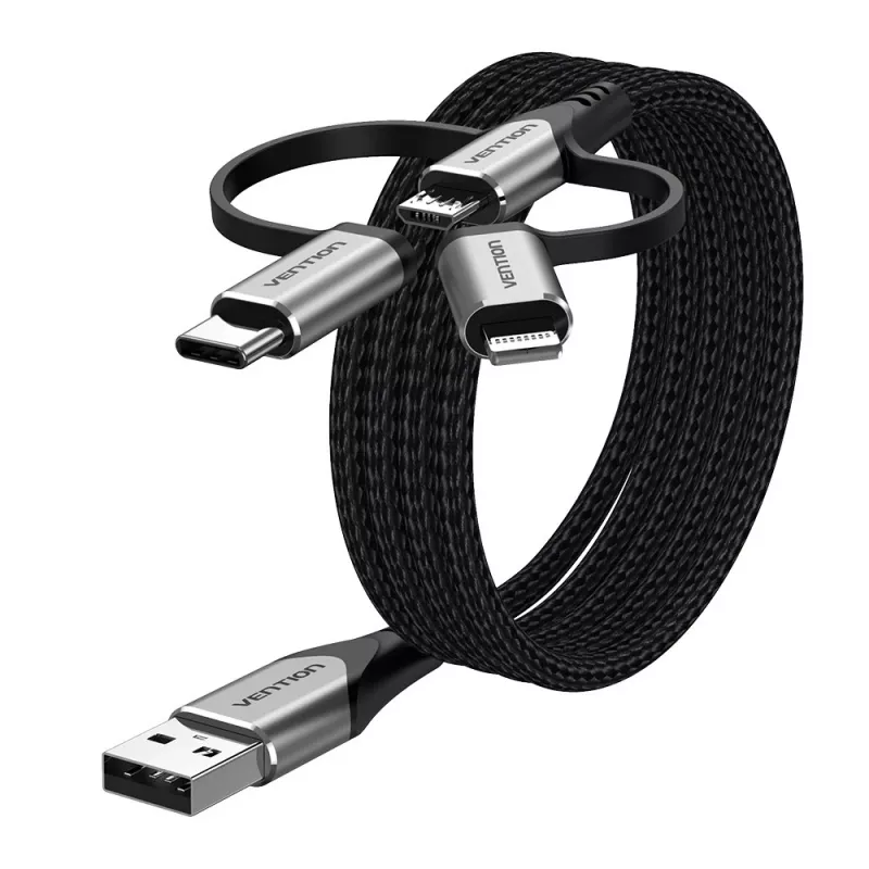 Vention USB 2.0 A konektor samec na 3-in-1 Micro-B&USB-C&Lightning konektor samec kábel 1M sivý hliníková zliatina