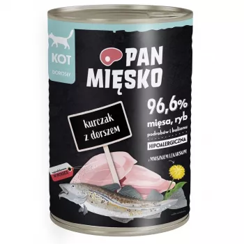 Mokré krmivo pre mačky Pan Mięsko kurča s treskou 400 g – dospelé, bez obilnín, pre alergické mačky