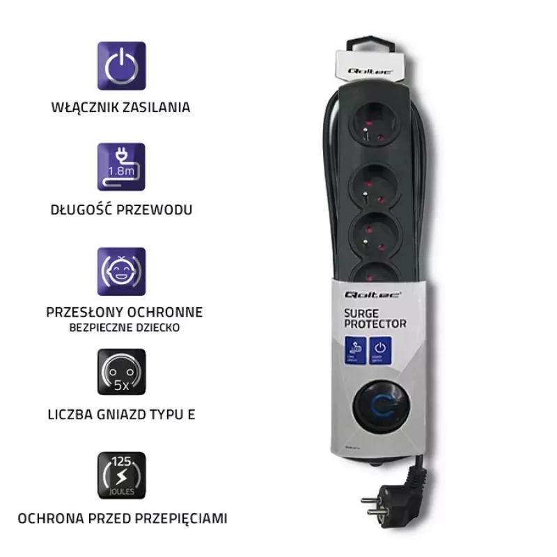 Prepäťová ochrana Qoltec 50269 čierna 5 AC zásuviek 230V