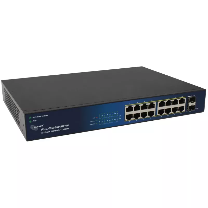 ALLNET 16+2P PoE switch ALL-SG8418PM – 18-portový Gigabit, 16 PoE portov, 2 uplink porty