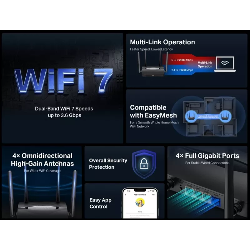 Stolný router MERCUSYS MR25BE EasyMesh Wi‑Fi 7 Dual‑Band 2,4/5 GHz, 3600 Mbit/s, 3× Gigabit-LAN, 4 externé antény