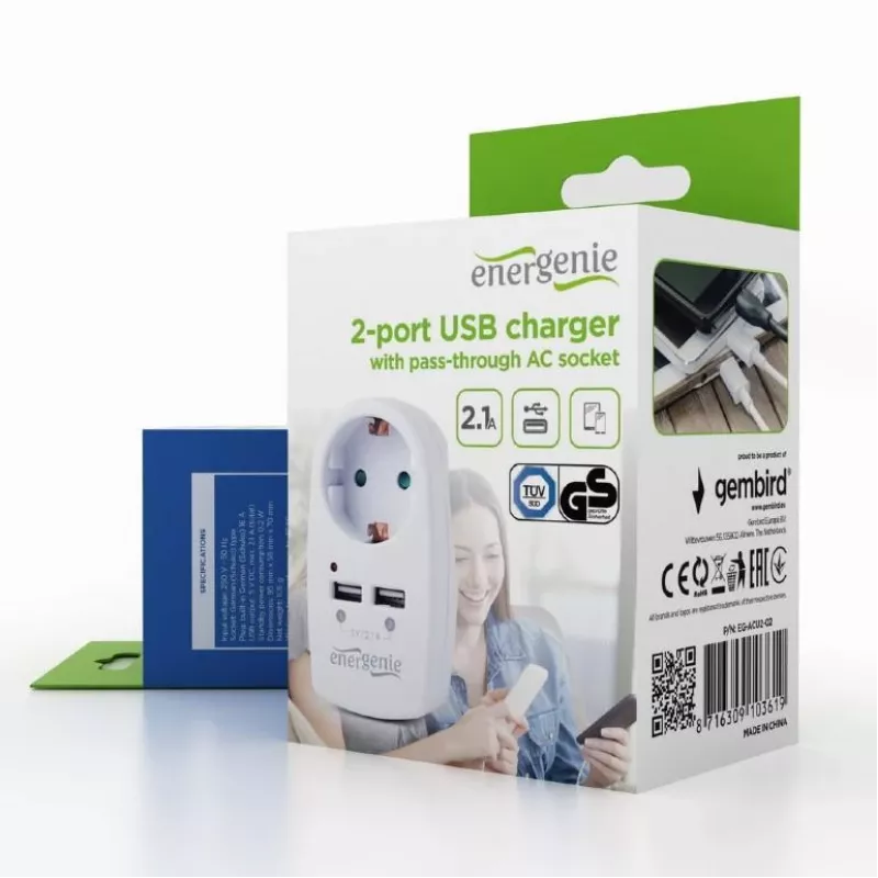 USB nabíjačka s priechodnou zásuvkou/EG-ACU2-02 Gembird