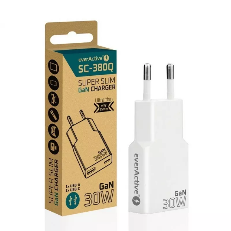 Univerzálna USB nástenná nabíjačka everActive SC-380Q Super slim QC 3.0 – Quick Charge 3.0, kompaktný dizajn