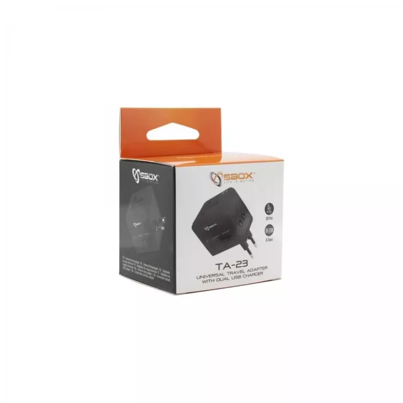 Cestovný adaptér SBOX TA-23 s duálnou USB nabíjačkou a univerzálnou kompatibilitou konektorov
