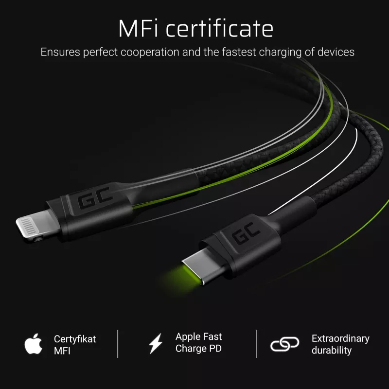 Green Cell PowerStream KABGC07 kábel USB-C na Lightning, 1 m, PD, Apple MFi, čierny
