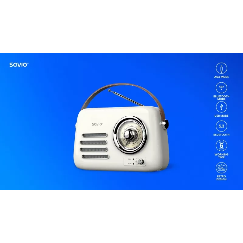 Prenosné rádio SAVIO RS-02 — analógový FM tuner, Bluetooth 5.3, napájanie USB, 3 W, biela