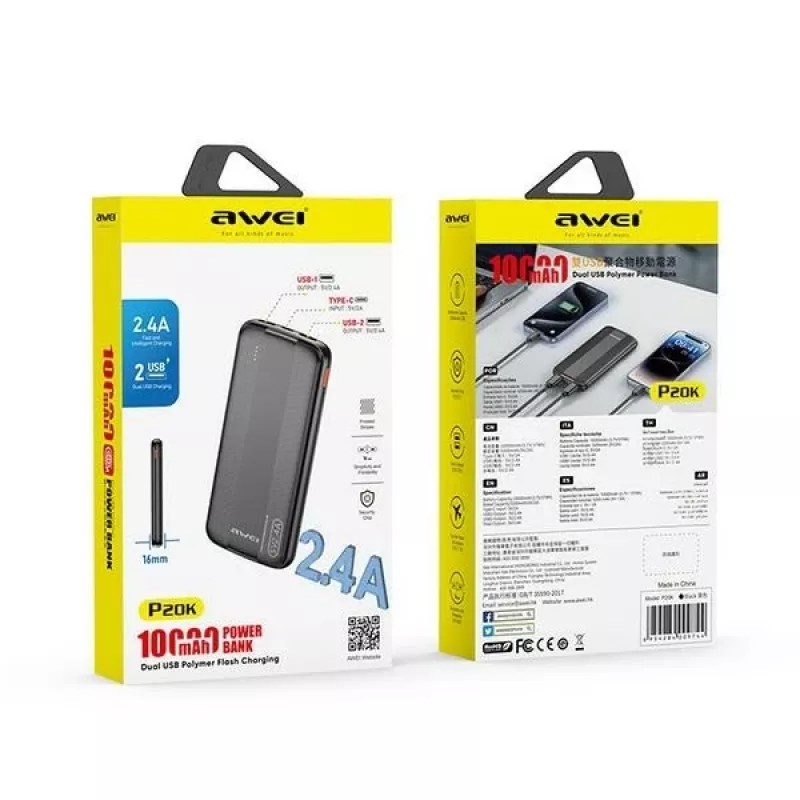 Awei PowerBank P20K 10000mAh čierna/čierna (10000mAh), powerbank, čierna