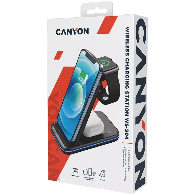 CANYON bezdrôtová nabíjačka WS-304 15W 3in1 čierna
