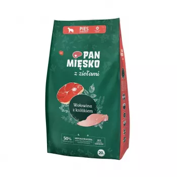 Suché krmivo pre psov Pan Miesko Mr. Meat s bylinkami hovädzie s králikom M 20 kg vrece, pre stredné plemená, bielkoviny 30 % tuk 20 %