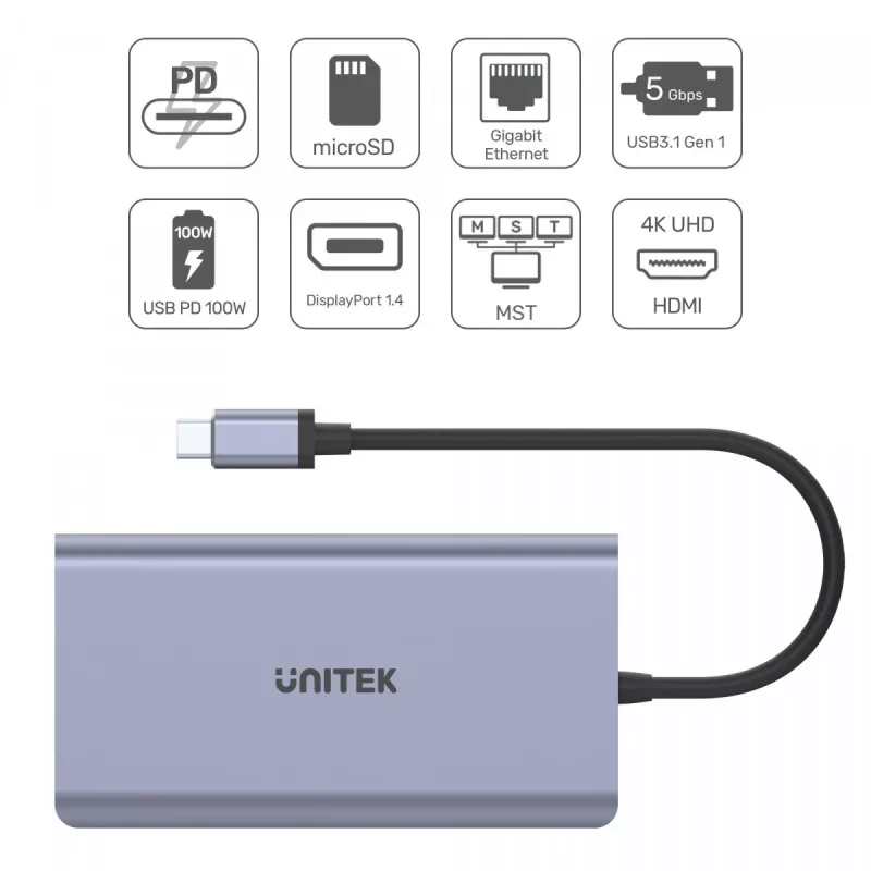 Hub UNITEK uHUB S7 USB 3.2 Gen 1 Type-C sivý