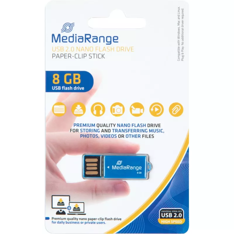 USB Nano 8 GB, USB kľúč modrý, USB-A 2.0, s funkciou kancelárskej sponky