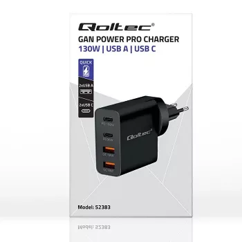 Qoltec GaN POWER PRO nabíjačka | 2xUSB-C | 2xUSB | 130W | 5-20V | 1.5-5A | XP | čierna