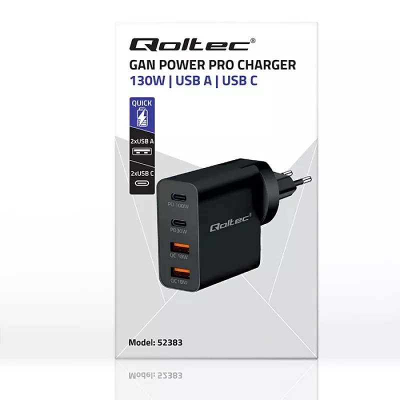 Qoltec GaN POWER PRO nabíjačka | 2xUSB-C | 2xUSB | 130W | 5-20V | 1.5-5A | XP | čierna