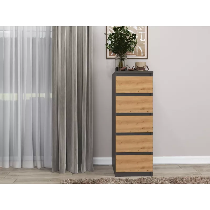Komoda Top e Shop W5 ANT/ART, 5 zásuviek, antracit/dub, drevotrieska