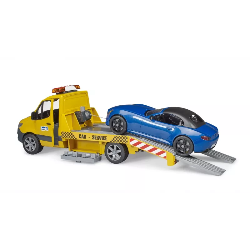 Bruder MB Sprinter autotransportér so svetelným a zvukovým modulom, oranžový/modrý, vrátane roadstera