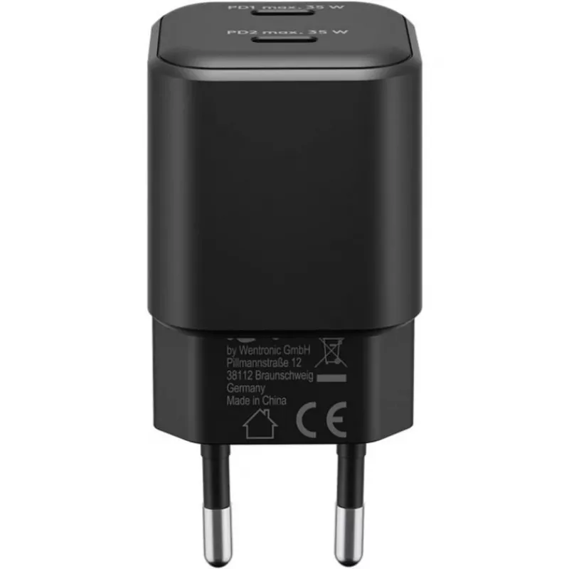 Nástenná nabíjačka GOOBAY 75333 — univerzálna AC-USB-C nabíjačka do interiéru, 2x USB-C, 35 W, čierna