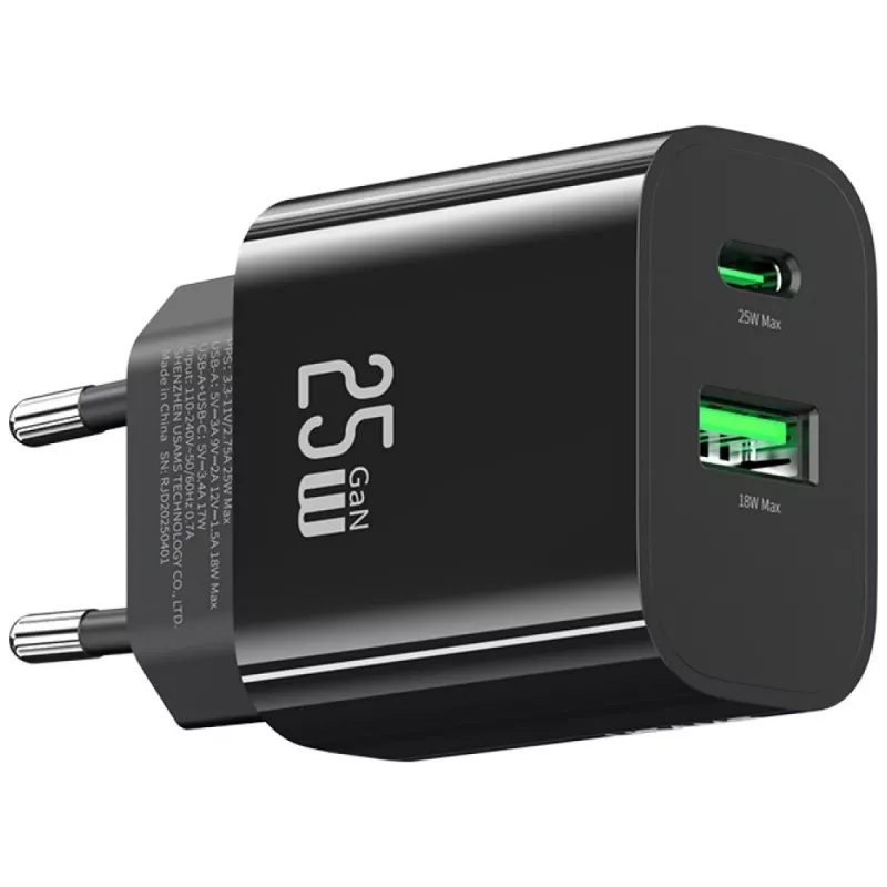 USB nabíjačka usams USA001629 25W 1×USB-C + 1×USB-A rýchle nabíjanie