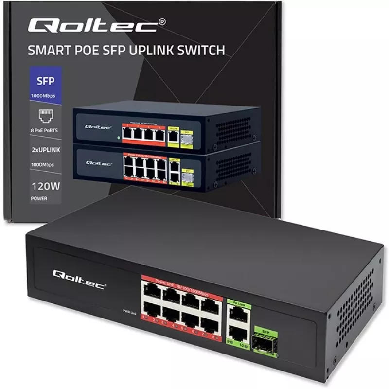 Ethernet switch QOLTEC 52297 PoE RJ45 s PoE uplink a SFP portom