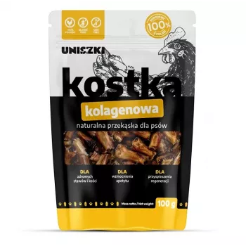 Psí žuvací pamlsek UNISZKI kolagénové kocky 100 g — jednozložkový z kurčaťa, podpora kĺbov, tréningový pamlsek